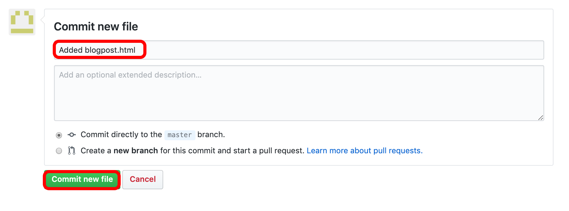 Screenshot of github commit form